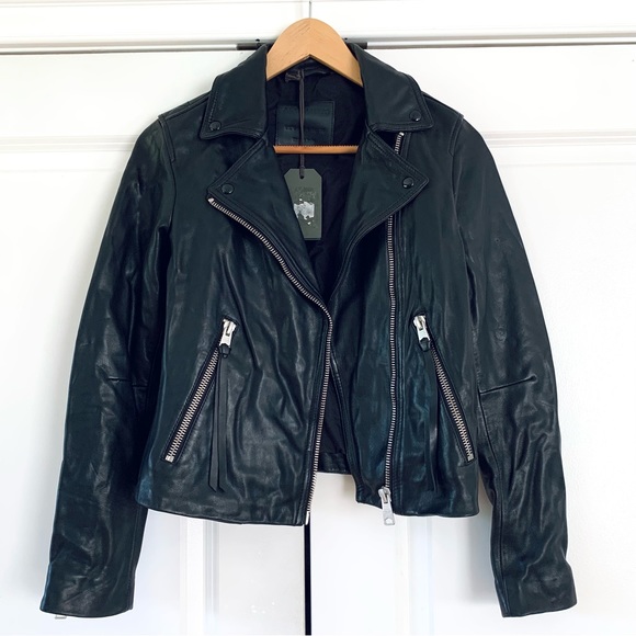 All Saints Dalby Leather Jacket Black Moto Biker Asymmetric Zip Slim Fit Size 4 - Picture 1 of 9